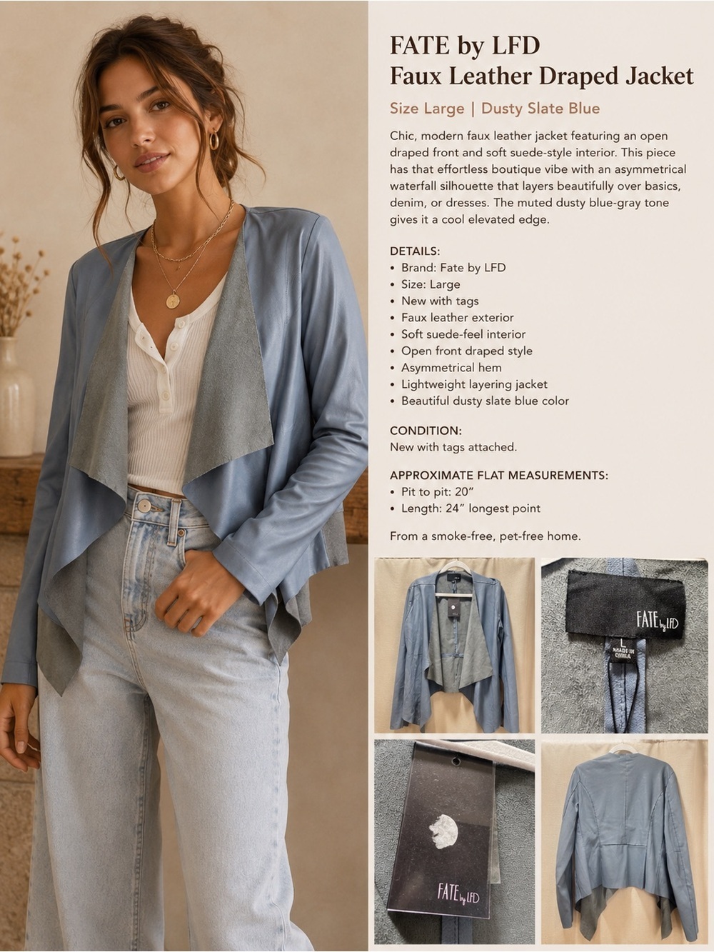 Fate Dusty Slate Blue Faux Leather Draped Jacket